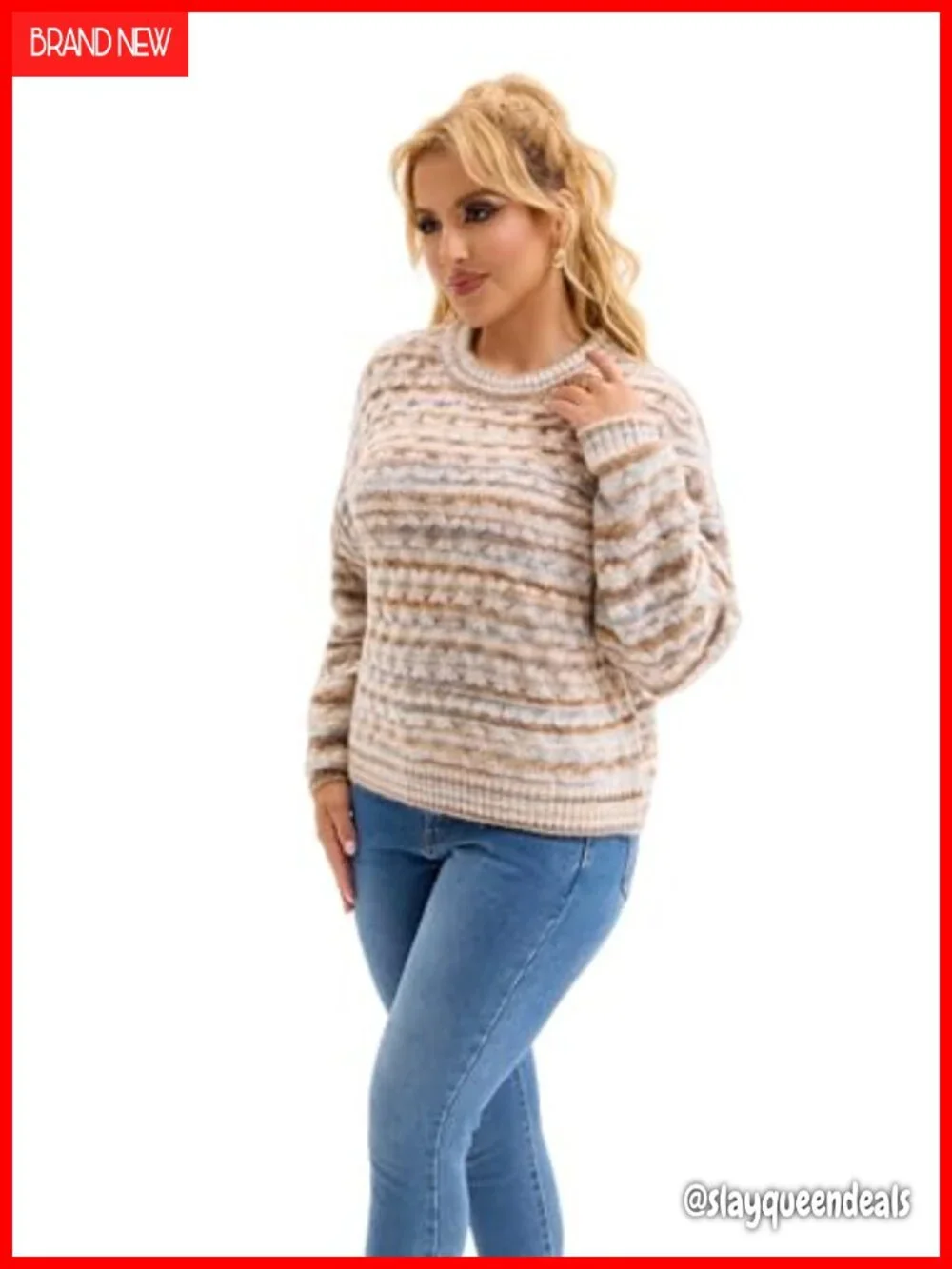 Striped Cable Knit Chunky Pullover Sweater Crewneck Long Sleeve Fall Winter Top